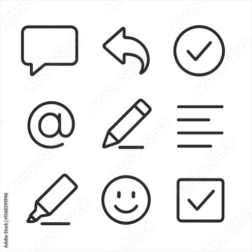 Collaboration Icons Set. Line style icons of Collaboration Comment Tools: add comment icon, reply curved arrow, resolve check,
