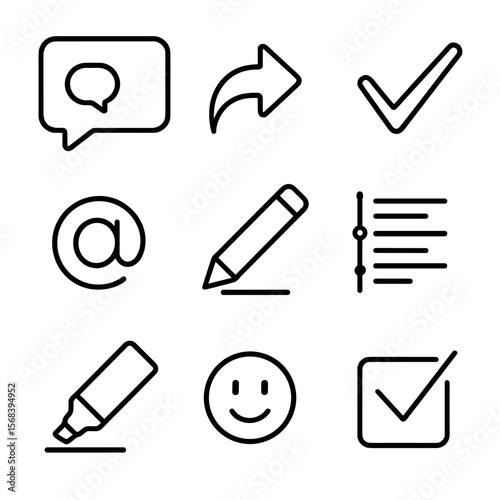 Collaboration Icons Set. Line style icons of Collaboration Comment Tools: add comment icon, reply curved arrow, resolve check,