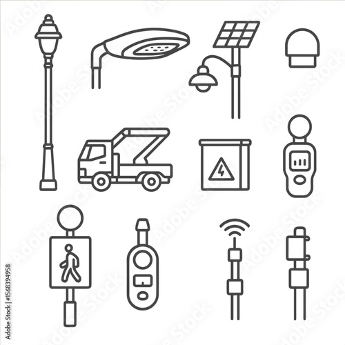 Street Lighting Icons. Line style icons of Street Lighting Infrastructure: street lamp pole, LED cobra head, solar panel top,