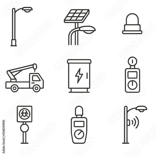Street Lighting Icons. Line style icons of Street Lighting Infrastructure: street lamp pole, LED cobra head, solar panel top,