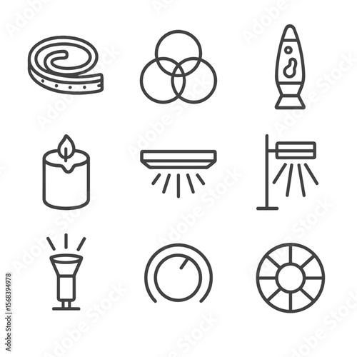 Mood Lighting Icons. Line style icons of Mood & Accent Lighting: neon strip, RGB orb, lava lamp, LED candle, backlit shelf, wall