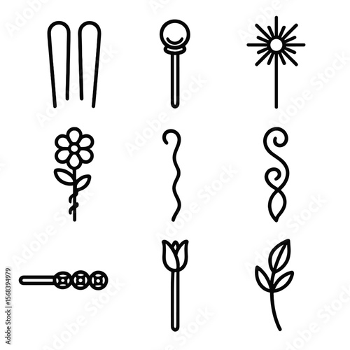Elegant Hairpins Collection. Line style icons of Elegant Hair Pins: U-shaped hairpin, crystal pearl pin, starburst pin, floral