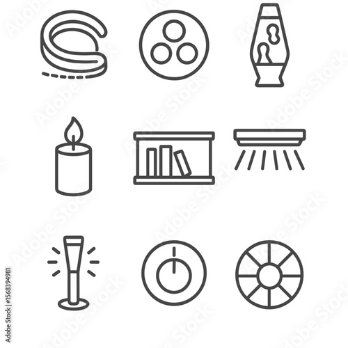 Mood Lighting Icons. Line style icons of Mood & Accent Lighting: neon strip, RGB orb, lava lamp, LED candle, backlit shelf, wall