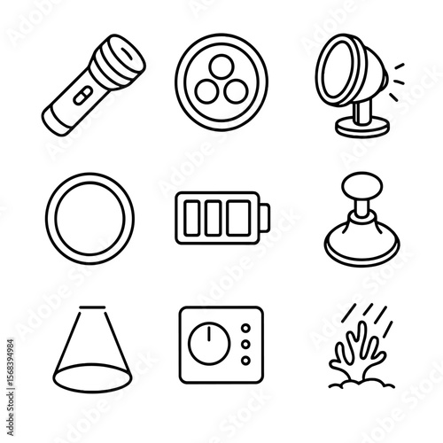 Underwater Lighting Icons. Line style icons of Underwater Lighting Gear: dive torch, RGB pool light, submersible spotlight,
