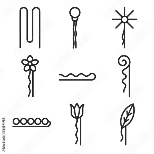 Elegant Hairpins Collection. Line style icons of Elegant Hair Pins: U-shaped hairpin, crystal pearl pin, starburst pin, floral