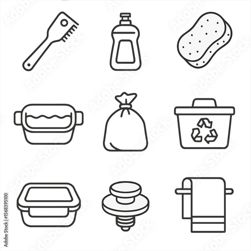 Cleanup Icons Collection. Line style icons of Cleanup & Waste Management: grill scraper, dish soap bottle, sponge pad, rinse basin