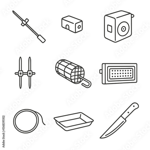 Rotisserie Attachments Icons. Line style icons of Rotisserie Attachments: spit rod, counterbalance weight, rotisserie motor box,