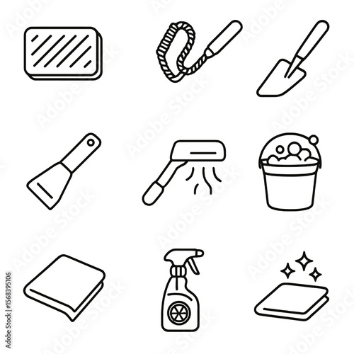 Grill Cleaning Essentials. Line style icons of Grill Cleaning Routine: nylon scrub pad, bristle-free coil brush, ash scoop, grease