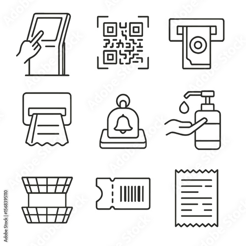 Self-Service Kiosk Icons. Line style icons of Self-Service Kiosk: kiosk touch screen, QR code reader, cash acceptor, ticket