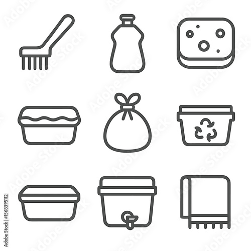 Cleanup Icons Collection. Line style icons of Cleanup & Waste Management: grill scraper, dish soap bottle, sponge pad, rinse basin