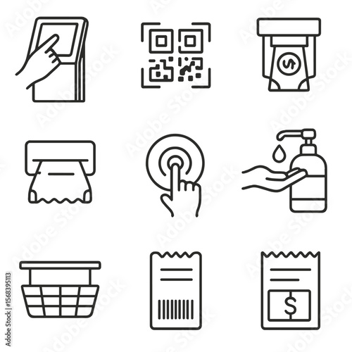 Self-Service Kiosk Icons. Line style icons of Self-Service Kiosk: kiosk touch screen, QR code reader, cash acceptor, ticket