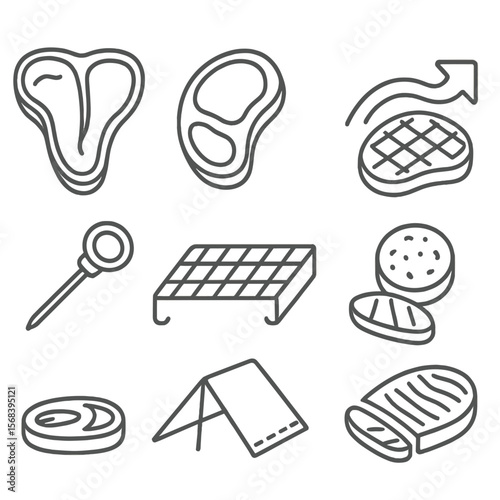 Steak Grilling Icons. Line style icons of Steak Grilling Techniques: porterhouse cut, ribeye cut, reverse-sear arrow, crosshatch