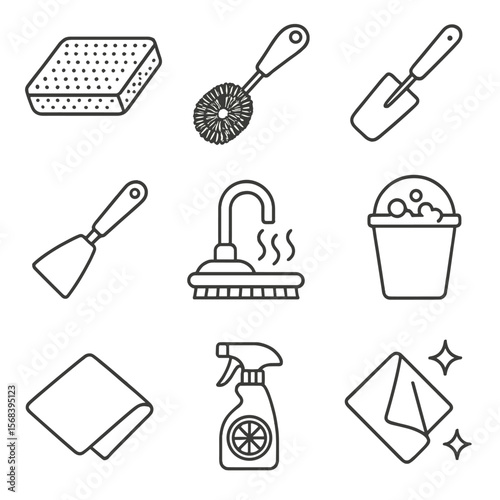 Grill Cleaning Essentials. Line style icons of Grill Cleaning Routine: nylon scrub pad, bristle-free coil brush, ash scoop, grease