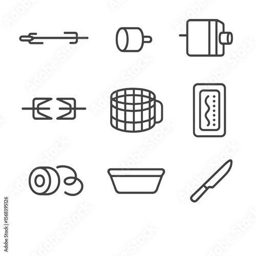 Rotisserie Attachments Icons. Line style icons of Rotisserie Attachments: spit rod, counterbalance weight, rotisserie motor box,