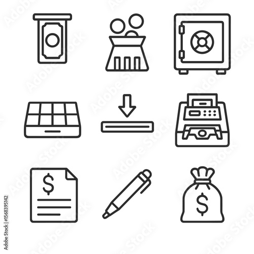 Cash Management Icons. Line style icons of Cash Management: bill validator, coin sorter, cash safe, till insert tray, drop slot,