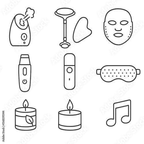 Spa Tools Line Icons. Line style icons of Spa-at-Home Tools: facial steamer, quartz roller, gua sha stone, LED therapy mask,