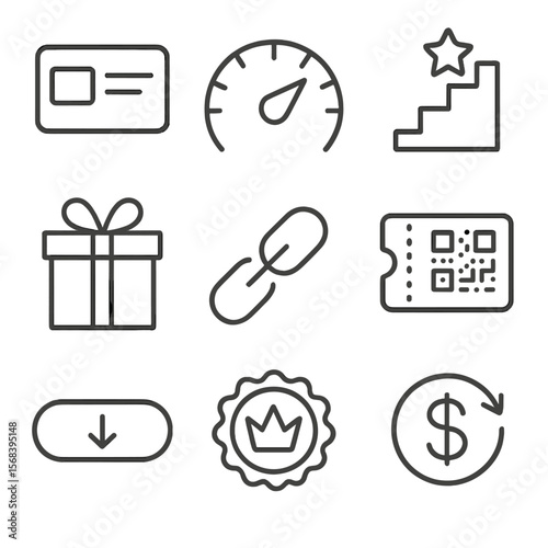 Loyalty Program Icons. Line style icons of Loyalty Program Tools: membership card, rewards points meter, tier ladder icon,