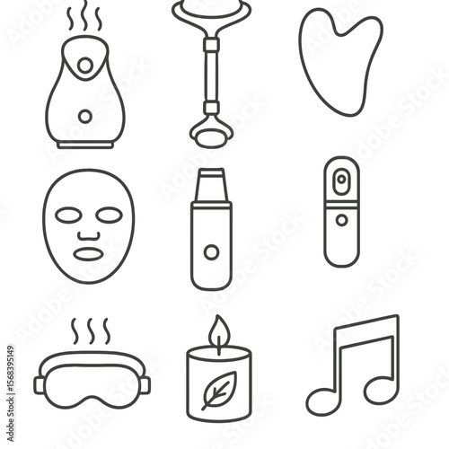 Spa Tools Line Icons. Line style icons of Spa-at-Home Tools: facial steamer, quartz roller, gua sha stone, LED therapy mask,