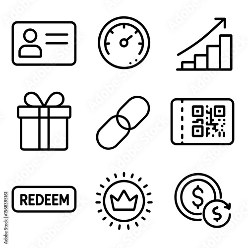 Loyalty Program Icons. Line style icons of Loyalty Program Tools: membership card, rewards points meter, tier ladder icon,