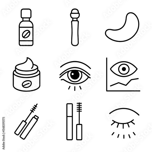 Eye Care Essentials Icons. Line style icons of Eye Care Ritual: caffeine eye serum, cooling roller ball, hydrogel eye patch,