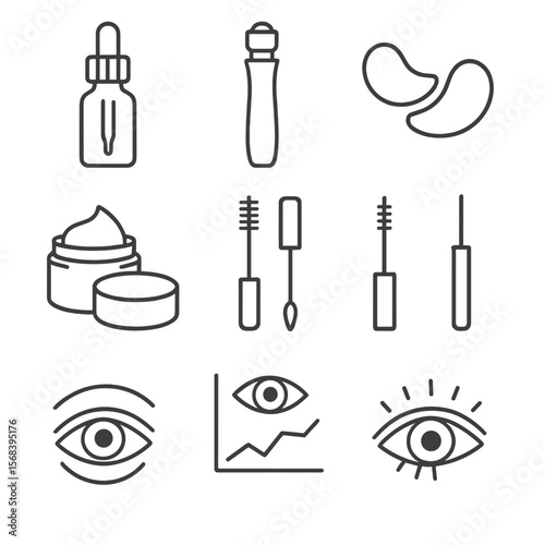 Eye Care Essentials Icons. Line style icons of Eye Care Ritual: caffeine eye serum, cooling roller ball, hydrogel eye patch,