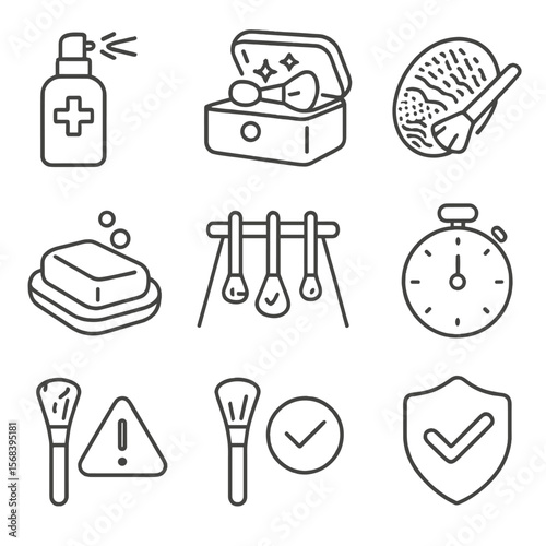 Beauty Tool Sanitizing Icons. Line style icons of Beauty Tool Sanitizing: isopropyl spray, UV sterilizer box, brush cleansing mat,