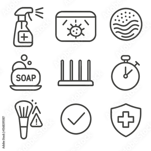 Beauty Tool Sanitizing Icons. Line style icons of Beauty Tool Sanitizing: isopropyl spray, UV sterilizer box, brush cleansing mat,