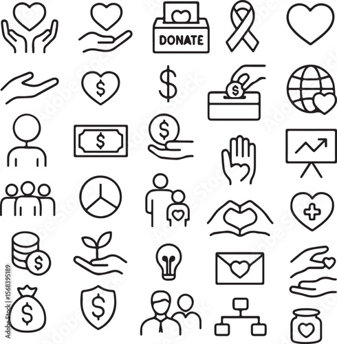 Collection of Charity and Donation Icons Helping Hands, Hearts, and Giving Symbols