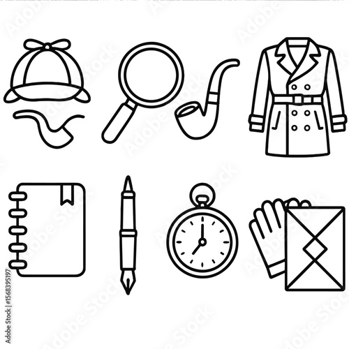 Classic Detective Icons. Line style icons of Classic Detective Outfit: deerstalker cap, magnifying glass, pipe, trench coat,