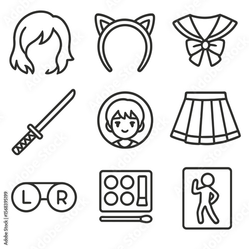 Anime Cosplay Essentials. Line style icons of Anime Cosplay Toolkit: styled wig, cat ear headband, sailor collar, pleated skirt,