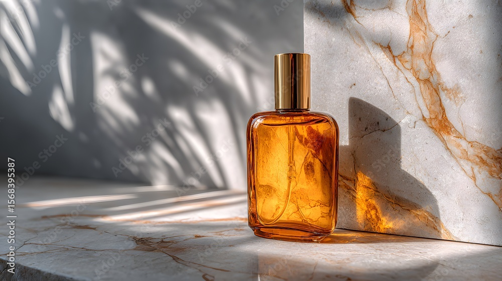 Amber Glass Perfume Bottle, Gold Cap, Marble Background, Sunlight Shadows, Luxury Fragrance Product Mockup Amber Glass Perfume Bottle, Gold Cap, Marble Background, Sunlight Shadows, Luxury Fragrance Product Mockup