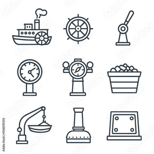 Steamship Line Icons. Line style icons of Steamship Navigation: paddle steamer, sidewheel, engine room lever, ship telegraph,