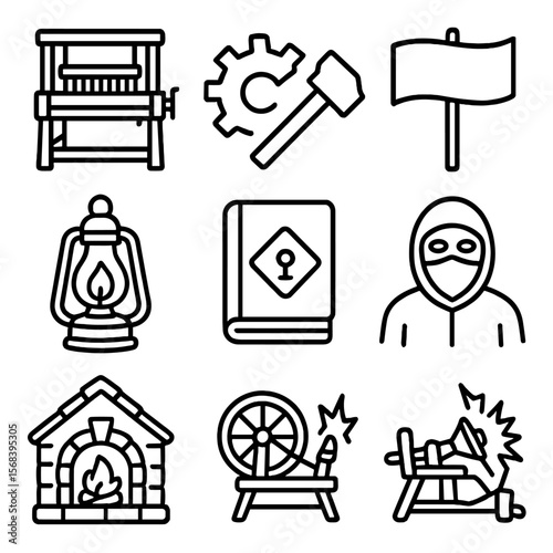 Luddite Symbol Icons. Line style icons of Luddite Resistance Symbols: stocking frame loom, broken gear, sledgehammer, protest
