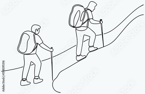 man hiking line drawing, Man climbs the mountains in one continuous line drawing, Traveler with backpack is hiking in simple linear style, Doodle outline vector illustration