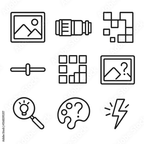 Picture Quiz Elements. Line style icons of Picture Quiz Setup: photo frame, zoom lens, pixelated image, reveal slider, mosaic