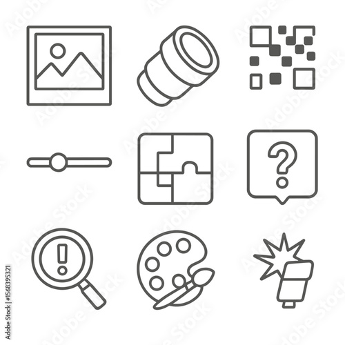Picture Quiz Elements. Line style icons of Picture Quiz Setup: photo frame, zoom lens, pixelated image, reveal slider, mosaic