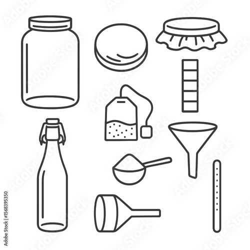 Kombucha Brewing Icons. Line style icons of Kombucha Brewing Kit: glass ferment jar, SCOBY disk, breathable cloth cover, pH strip,