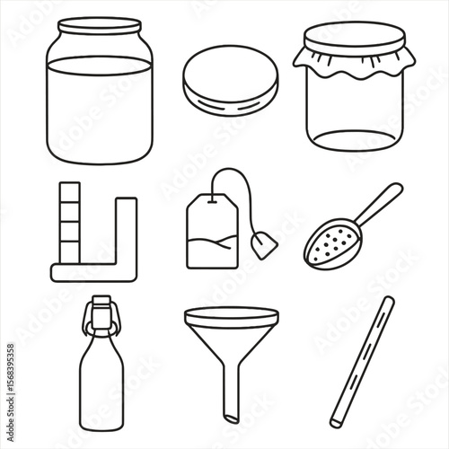 Kombucha Brewing Icons. Line style icons of Kombucha Brewing Kit: glass ferment jar, SCOBY disk, breathable cloth cover, pH strip,