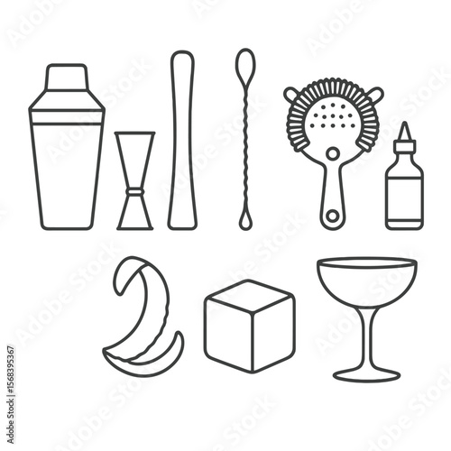 Craft Cocktail Toolkit Icons. Line style icons of Craft Cocktail Toolkit: shaker tin, jigger measure, muddler stick, bar spoon,