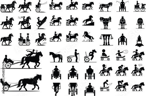 Person Riding Horse Carriage Silhouette – Vintage Wagon Icon Pack Horse Cart Rider Silhouette Set – Rural Transport Vector Icons
