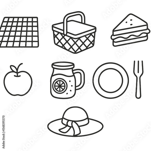 Park Picnic Essentials. Line style icons of Park Picnic Lunch: checkered blanket, wicker basket, ham sandwich, cheese slice, green