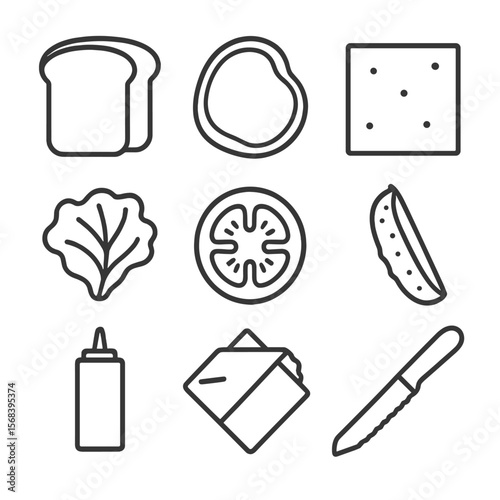Classic Deli Sandwich Icons. Line style icons of Classic Deli Sandwich: sliced bread pair, turkey breast slice, cheddar square,