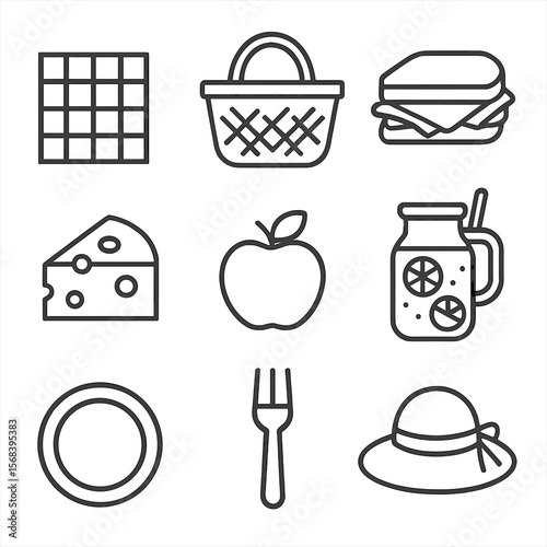 Park Picnic Essentials. Line style icons of Park Picnic Lunch: checkered blanket, wicker basket, ham sandwich, cheese slice, green
