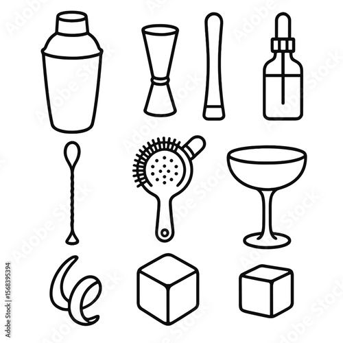 Craft Cocktail Toolkit Icons. Line style icons of Craft Cocktail Toolkit: shaker tin, jigger measure, muddler stick, bar spoon,