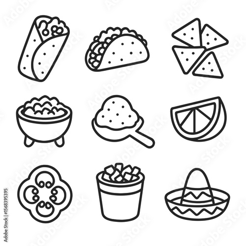 Mexican Fiesta Icons. Line style icons of Mexican Lunch Fiesta: burrito wrap, veggie taco, tortilla chips, salsa bowl, guacamole