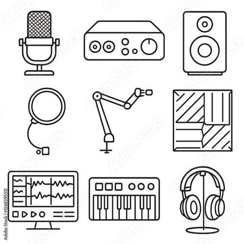 Home Studio Icons. Line style icons of Home Recording Studio: condenser microphone, audio interface, studio monitor speaker, pop