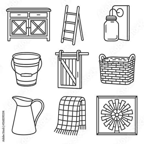 Vintage Farmhouse Icons. Line style icons of Vintage Farmhouse Accents: distressed sideboard, ladder shelf, mason jar sconce,