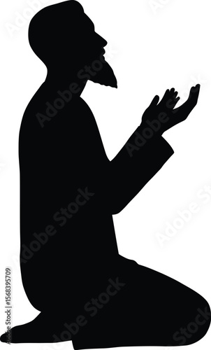 Islamic Man Praying with Hands Raised While Sitting, Silhouette Worship Concept on Clean White Background