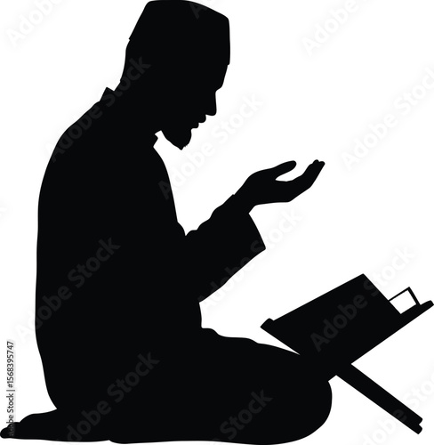 Man Sitting and Making Dua with Holy Book Open, Silhouette of Peaceful Worship on White Background