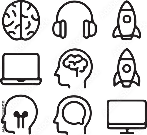 Brainpower, Innovation, and Technology Icons A Set of Line Drawings